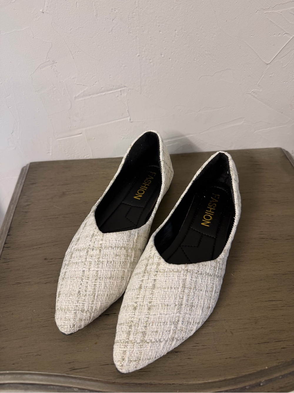 Fashion White Tweed Pointed Toe Flats - Women
